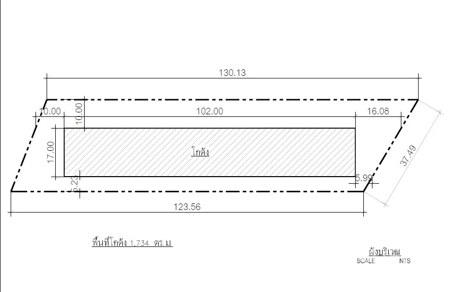 Warehouse for rent or sale in Lam Luk Ka, Pathum Thani - Dimensioned plot layout with measurements for the warehouse and land.