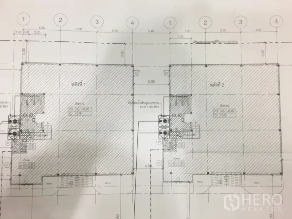 Warehouse for rent or sale in Khlong Luang, Pathum Thani - Floor plan illustrating two adjoining warehouse bays with office and service areas.