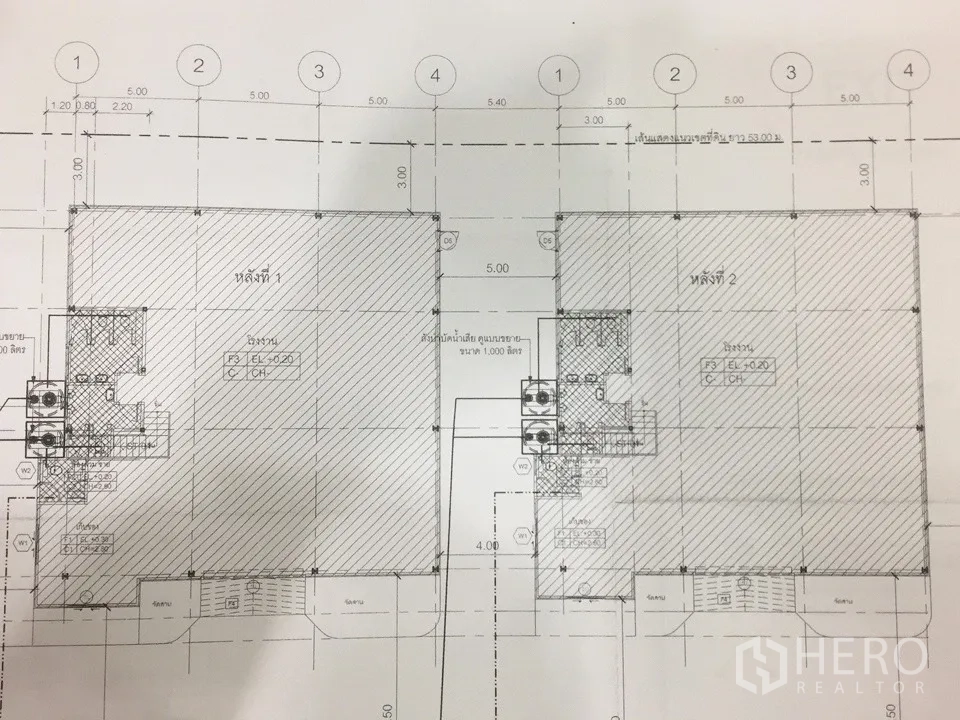 Warehouse for rent or sale in Khlong Luang, Pathum Thani - Floor plan illustrating two adjoining warehouse bays with office and service areas.