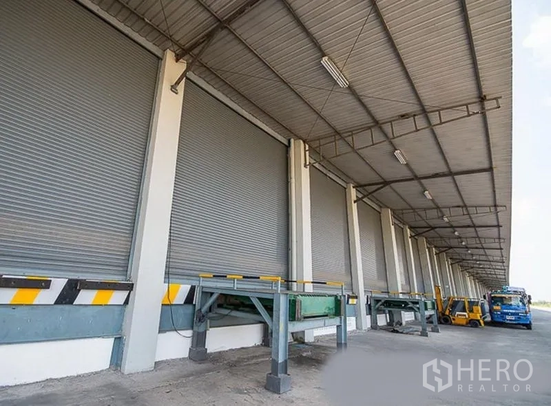 Warehouse for rent in Phra Nakhon Si Ayutthaya - Row of dock-high loading bays with roller shutter doors and dock levelers at the warehouse.