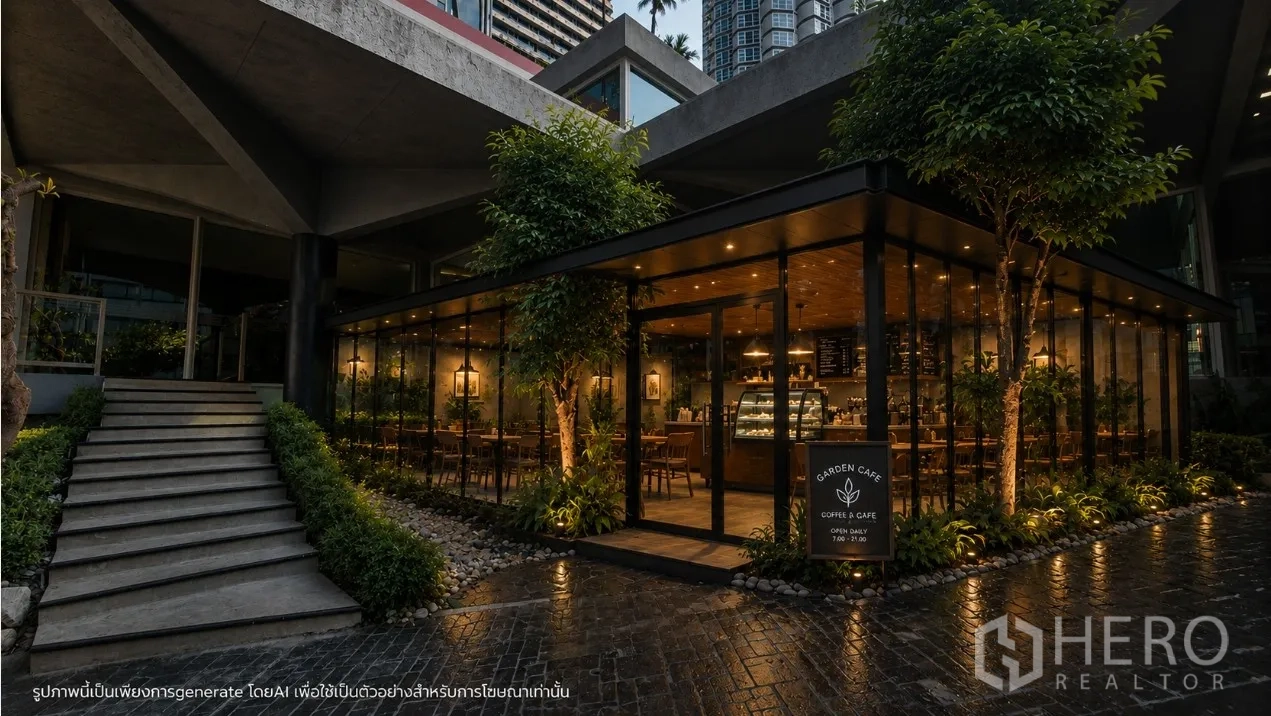 Retail Space for rent in Watthana, Bangkok - Evening view of a glass-walled cafe-style space glowing beside a landscaped path.