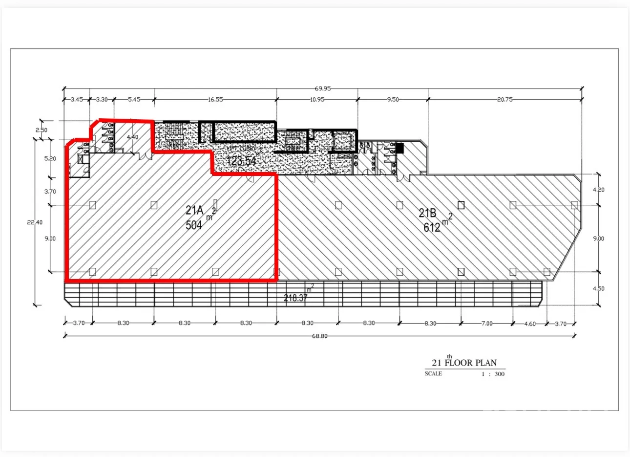 Office Space for rent in Watthana, Bangkok - Floor plan highlighting a 504 sq m office unit outlined in red.
