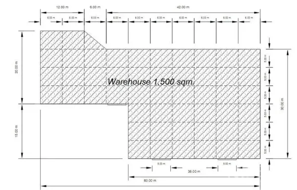 货栈 出租在Si Racha, Chon Buri - 仓库1,500平方米平面图，标注尺寸与网格
