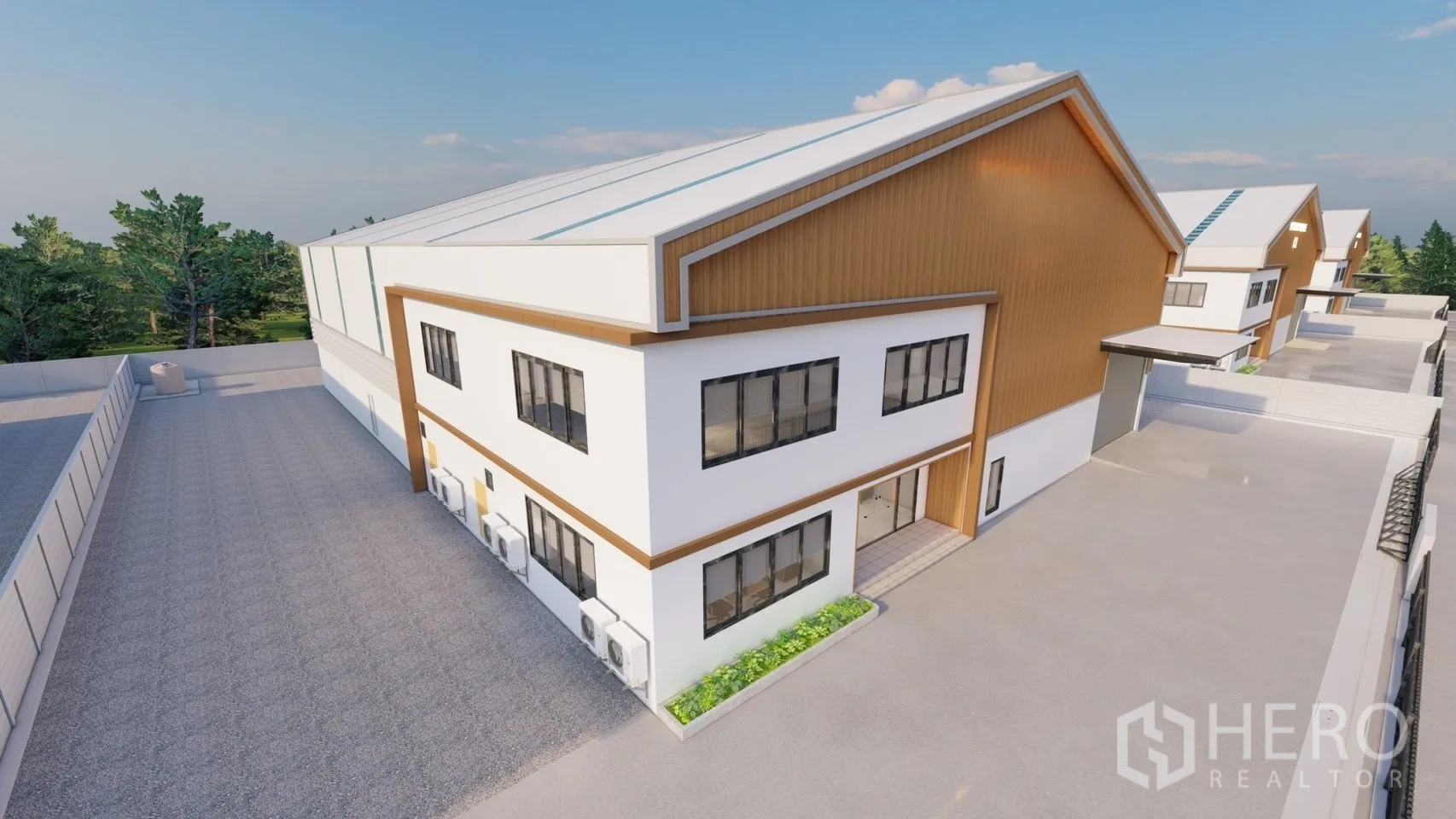 โรงงาน for rent or sale in Lam Luk Ka, Pathum Thani - มุมเอียงด้านข้างอาคาร มีหน้าต่างบานใหญ่ เครื่องปรับอากาศภายนอก และแปลงต้นไม้เล็ก
