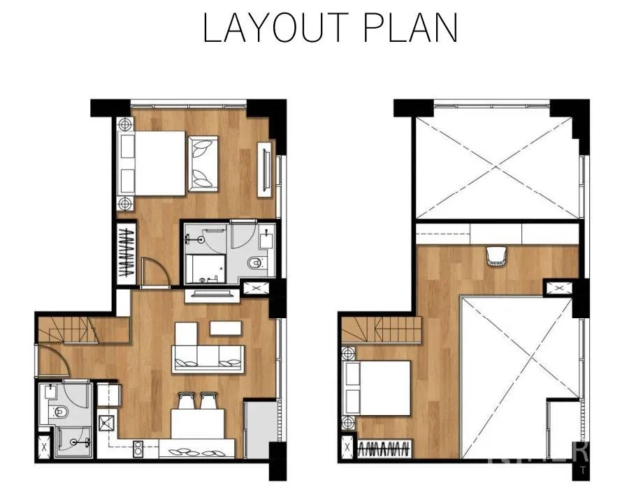Condominium for rent or sale in Khlong Toei, Bangkok - Duplex condominium layout plan showing two levels with bedrooms, living area, and bathrooms.