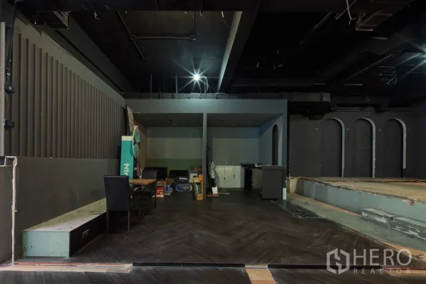 Retail Space for rent in Watthana, Bangkok - Herringbone floor area with alcove seating, counter and adjacent stage.