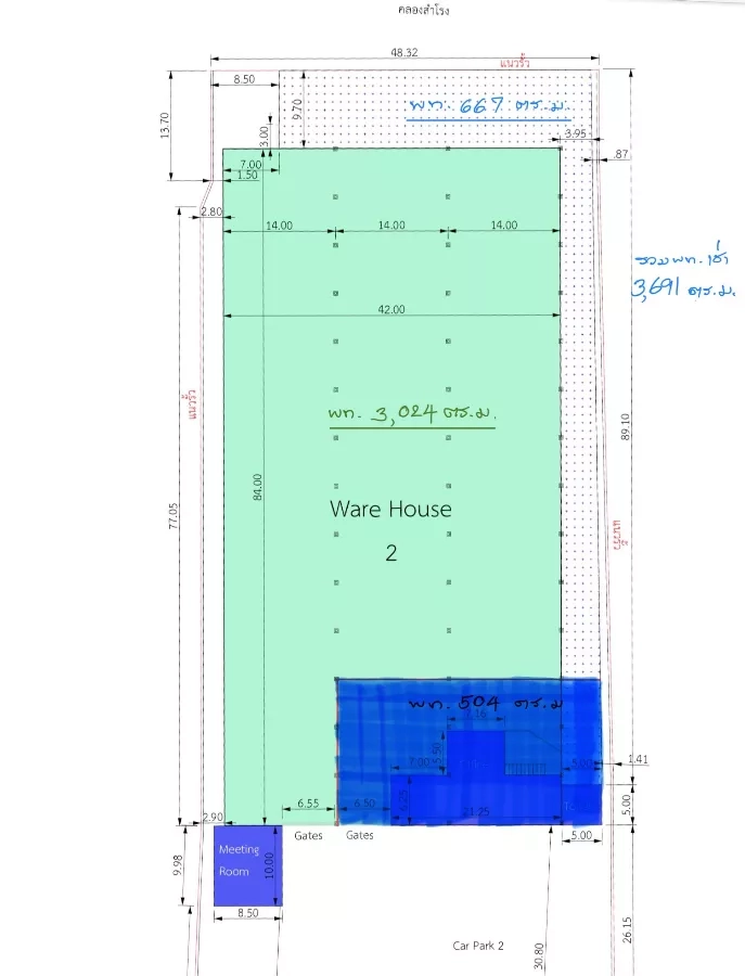 Factory for rent in Bang Phli, Samut Prakan - Site plan showing warehouse hall, office block, gates, and car park with dimensions.