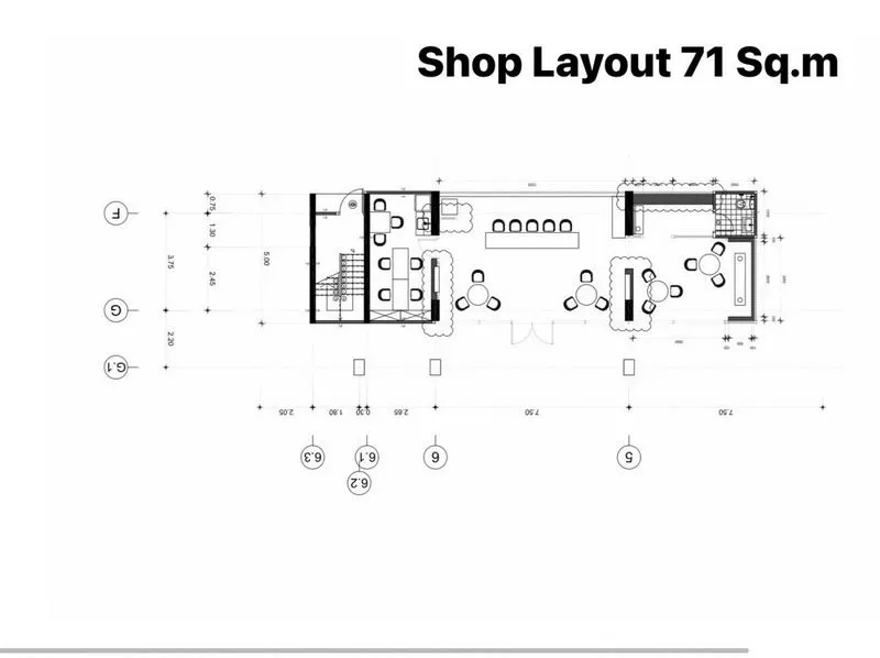 Retail Space for rent in Watthana, Bangkok - 71 sqm retail shop floor plan showing entrance, seating zones, service counter, and restroom layout.