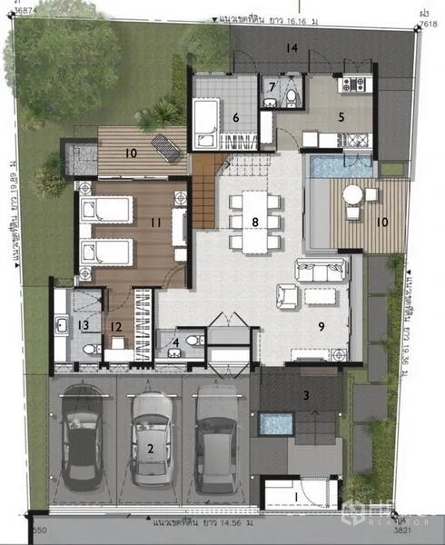 Townhouse for rent in Khlong Toei, Bangkok - Ground-floor plan showing parking, living areas and bedrooms.