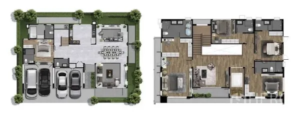 Detached House for sale in Bang Phli, Samut Prakan - Two-storey house floor plan with 3-car garage, open living-dining area and upper bedrooms.