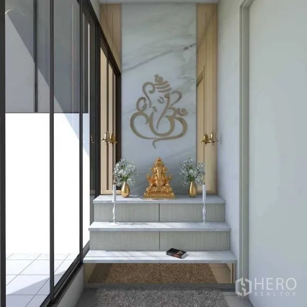 Townhouse for sale in Suan Luang, Bangkok - Serene prayer alcove with a golden deity statue and marble backdrop.