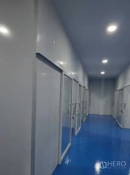 Factory for rent in Lam Luk Ka, Pathum Thani - Long corridor lined with multiple glass doors to separate work areas under LED lighting.