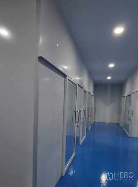 Factory for rent in Lam Luk Ka, Pathum Thani - Long corridor lined with multiple glass doors to separate work areas under LED lighting.