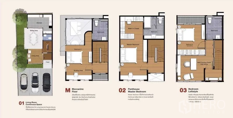 Home Office for sale in Lat Phrao, Bangkok - Multi-level home office floor plan showing parking, mezzanine and bedrooms.
