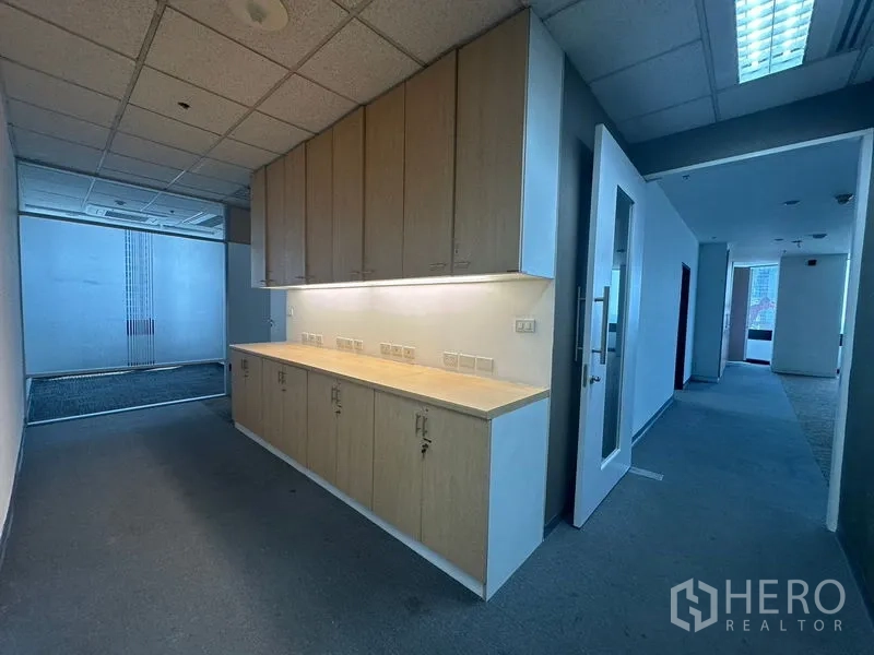 Office Space for rent in Khlong Toei, Bangkok - Pantry area with built-in wood cabinets and under-cabinet lighting.