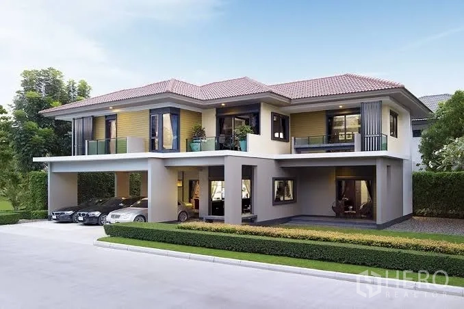 Detached House for rent or sale in Lam Luk Ka, Pathum Thani - Project rendering of two-storey detached house with triple-car carport.