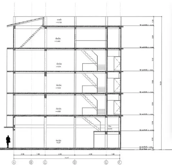 Shophouse for rent in Pathum Wan, Bangkok - Architectural section drawing of a multi-storey shophouse with internal staircases and labeled floor levels.
