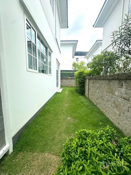 Detached House for rent - Narrow side yard with lawn and boundary wall along the house.