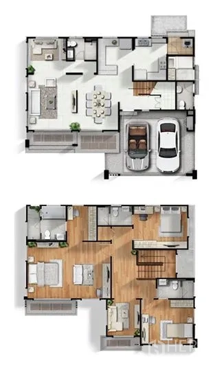 独立式住宅 出售在Suan Luang, Bangkok - 两层独栋别墅户型图，展示房间布局与车位。