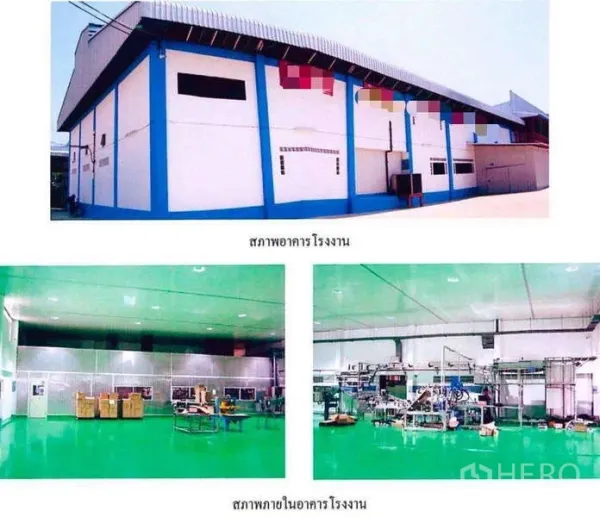 Factory for sale in Samut Prakan - Blue-and-white factory exterior with high metal roof and loading yard in Mueang Samut Prakan.