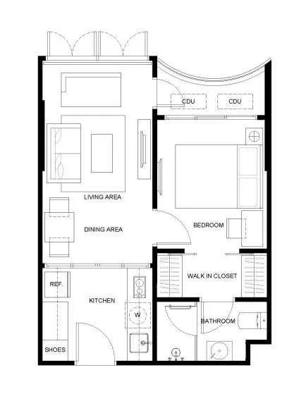 Condominium for sale in Watthana, Bangkok - Floor plan of a 37 sqm one‑bedroom condo showing living and dining area, enclosed kitchen, walk‑in closet, and bathroom.