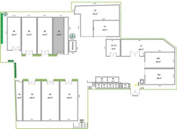 Warehouse for rent in Suan Luang, Bangkok - Site plan of the warehouse complex showing unit layout, entrances and circulation.