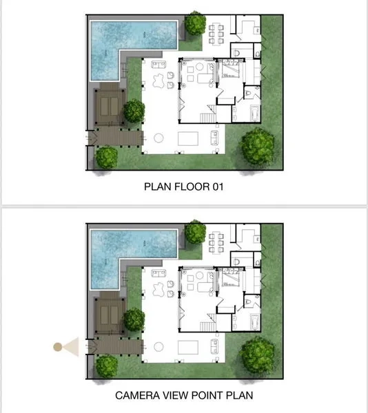 Detached House for sale in Suan Luang, Bangkok - Architectural floor plans showing ground-floor layout with an L-shaped swimming pool, deck and garden areas.