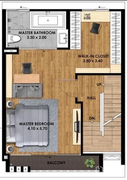 Townhouse for rent or sale in Suan Luang, Bangkok - Third-floor plan with master suite, walk-in closet, ensuite bathroom, and balcony.