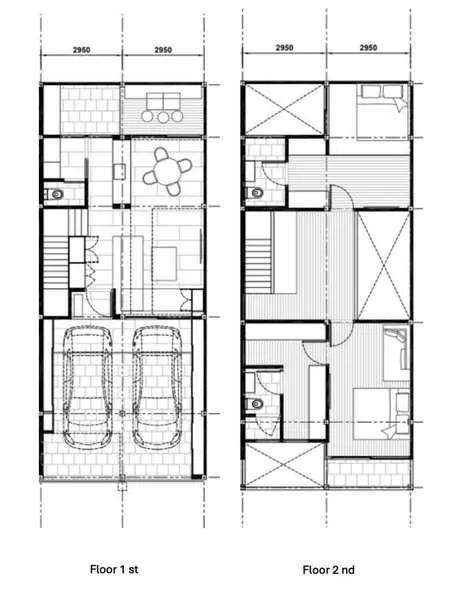 Townhouse for sale in Khlong Toei, Bangkok - Two-storey townhouse floor plans showing two-car garage and room layout.