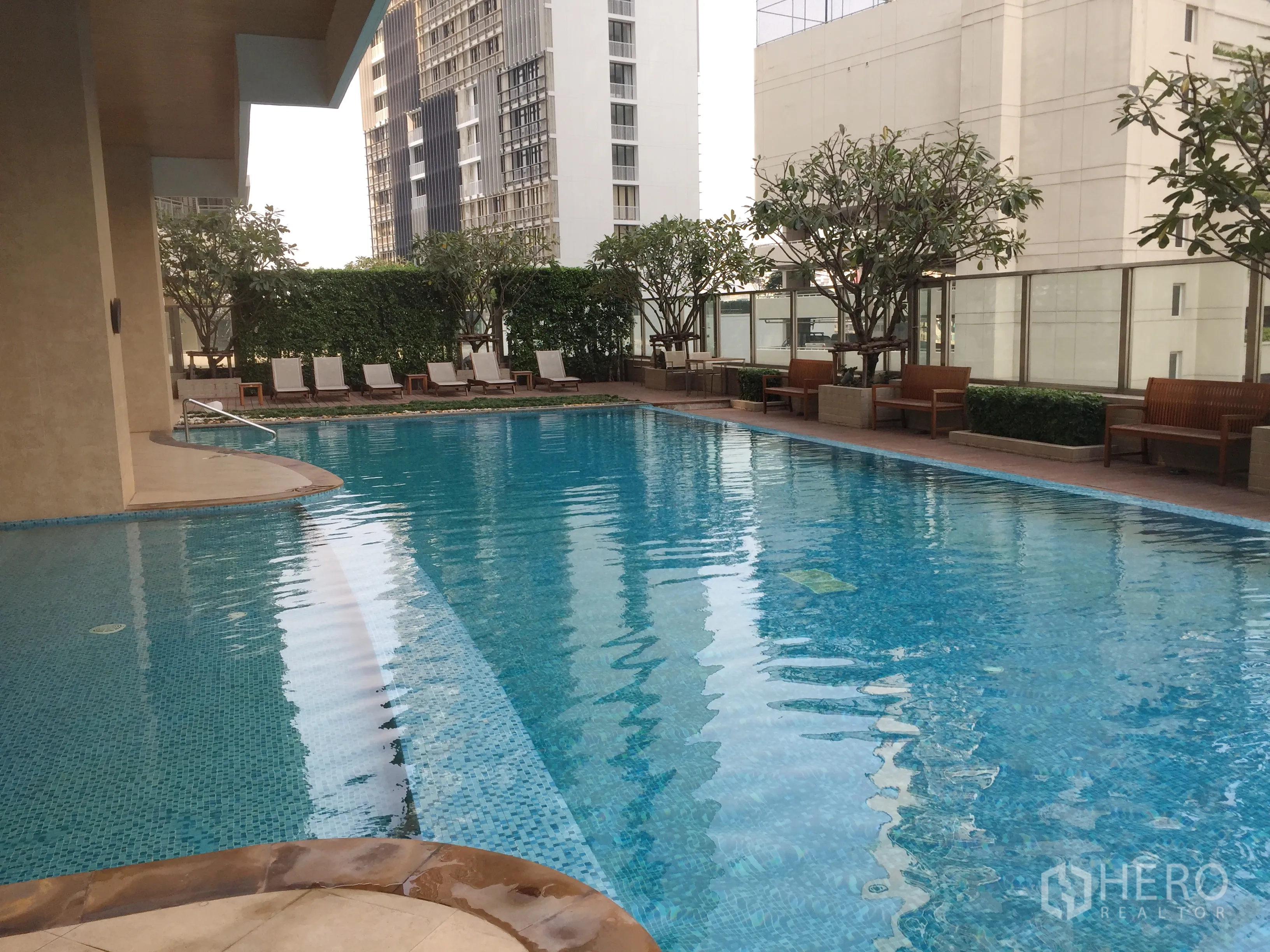 Condominium for rent in Khlong Toei, Bangkok - Condominium outdoor swimming pool with sun loungers and trees.