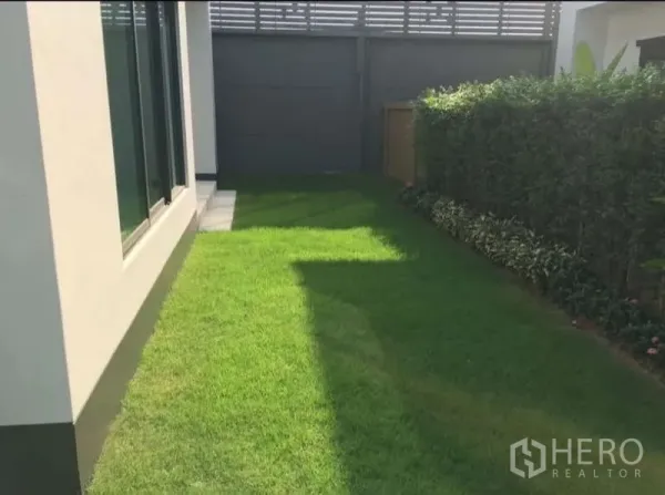Detached House for rent in Bang Kapi, Bangkok - Sunny private lawn with hedge beside the house and a dark sliding gate.