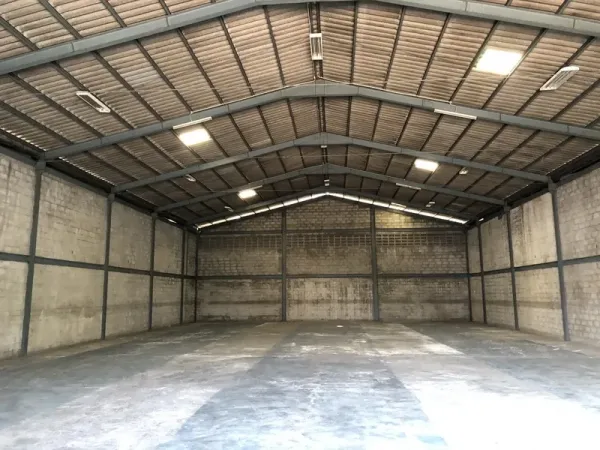 Warehouse for rent in Khlong Luang, Pathum Thani - Spacious clear-span warehouse interior with steel frame, concrete floor and ceiling lights.