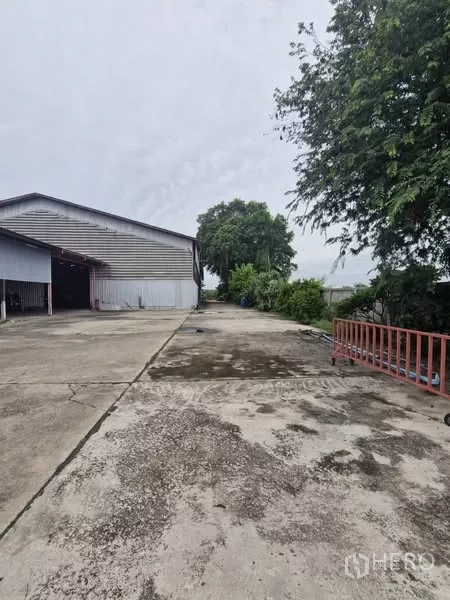 Warehouse for rent in Lam Luk Ka, Pathum Thani - Concrete yard beside a corrugated metal warehouse with trees along the boundary.