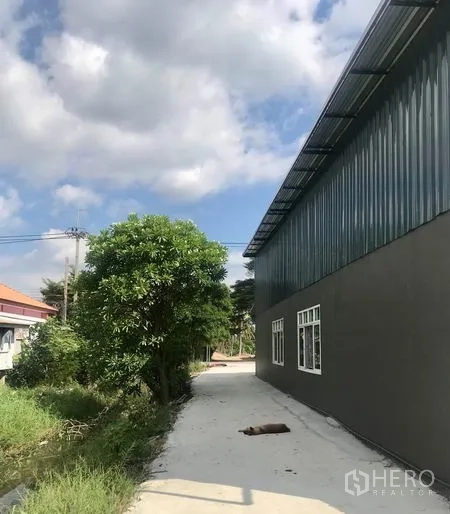 Warehouse for rent in Lam Luk Ka, Pathum Thani - Side walkway beside the warehouse wall with windows, canal and greenery.