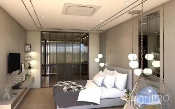 Townhouse for sale in Suan Luang, Bangkok - Spacious master bedroom with pendant lights and TV wall.