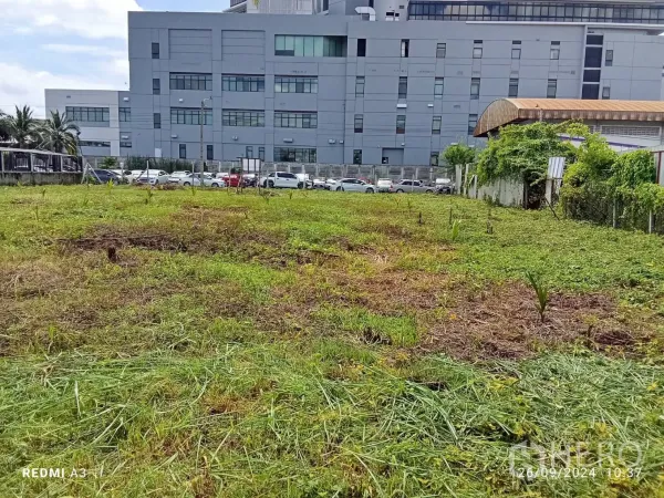 地 出租在Khan Na Yao, Bangkok - 清理后的地块有新植幼树，旁边是大型现代化办公或厂房及停车场。