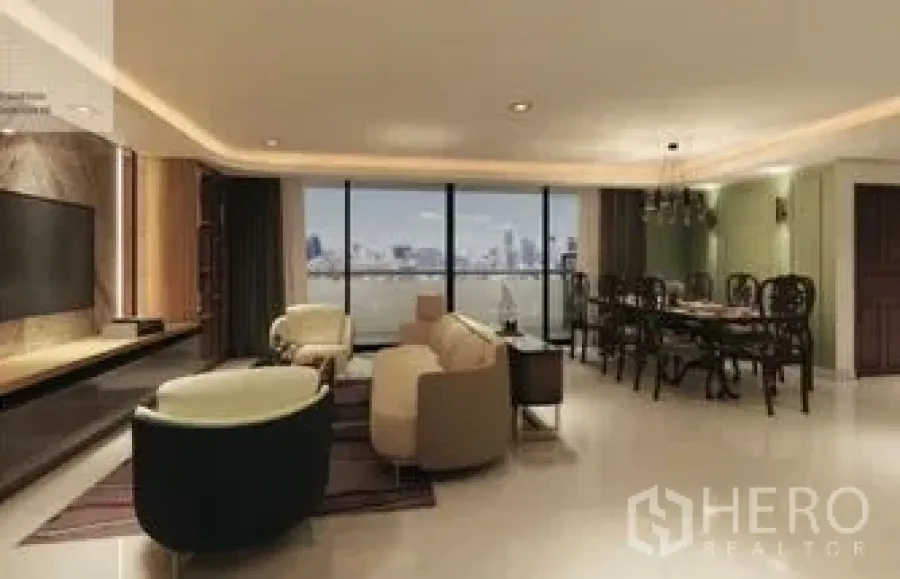 Condominium for rent - Open-plan living room with seating, dining set and panoramic windows.