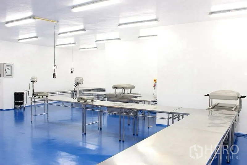 Factory for rent or sale in Krathum Baen, Samut Sakhon - Spacious hall with multiple stainless tables, hanging utilities, and LED lights.