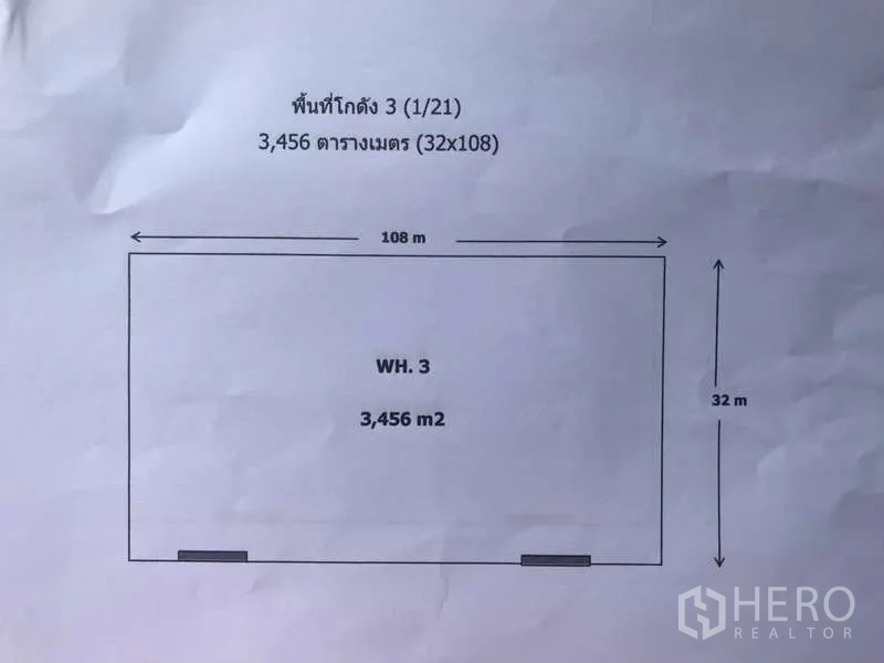 Factory for rent in Bang Pakong, Chachoengsao - Floor plan illustrating the factory dimensions of 3,456 sqm (32 x 108 meters).