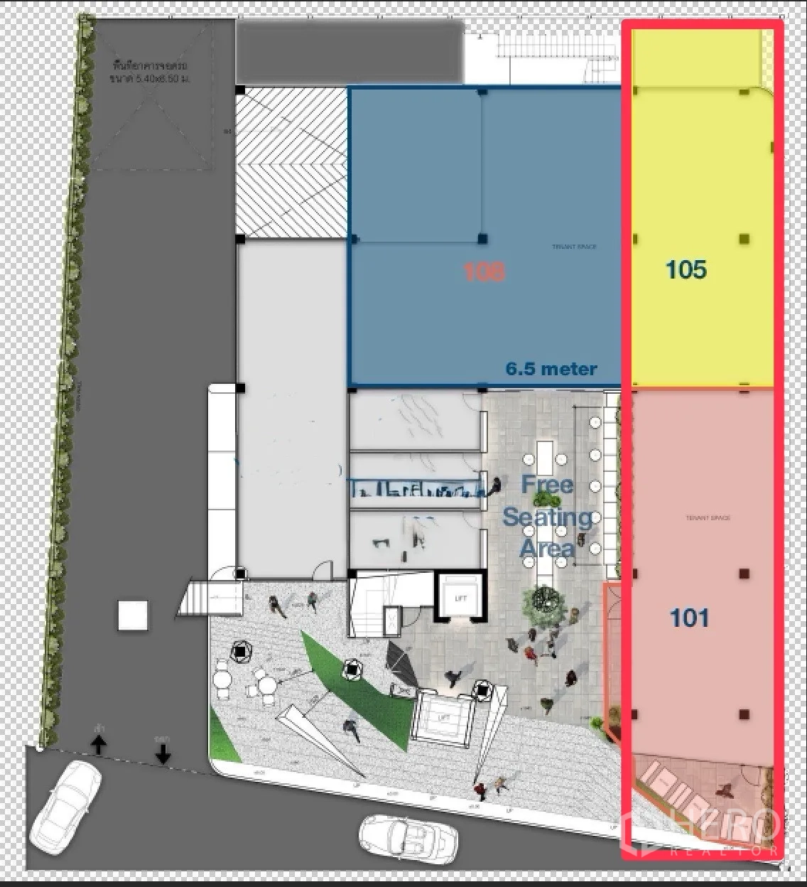 Retail Space for rent - Wide interior perspective showing structural beams, rough floor and continuous glazing to both sides.