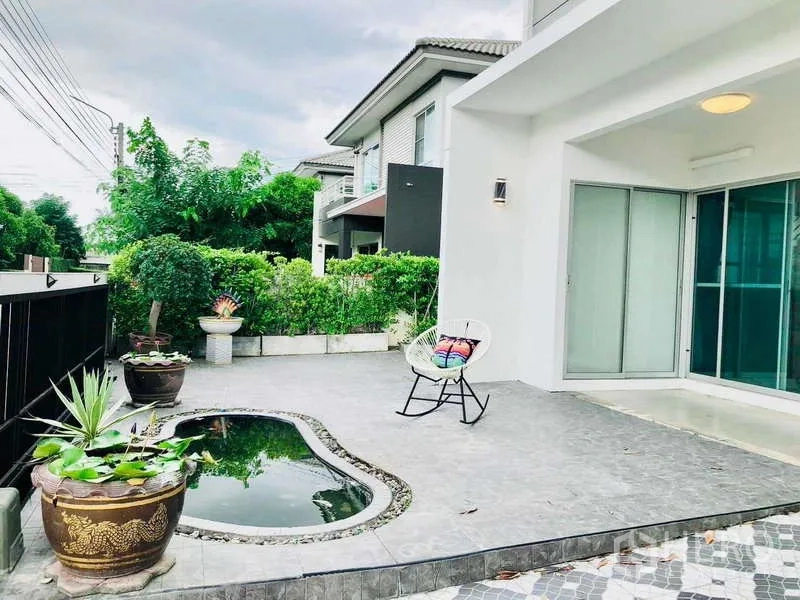 Detached House for rent or sale - Front patio with small ornamental pond, chair and greenery.