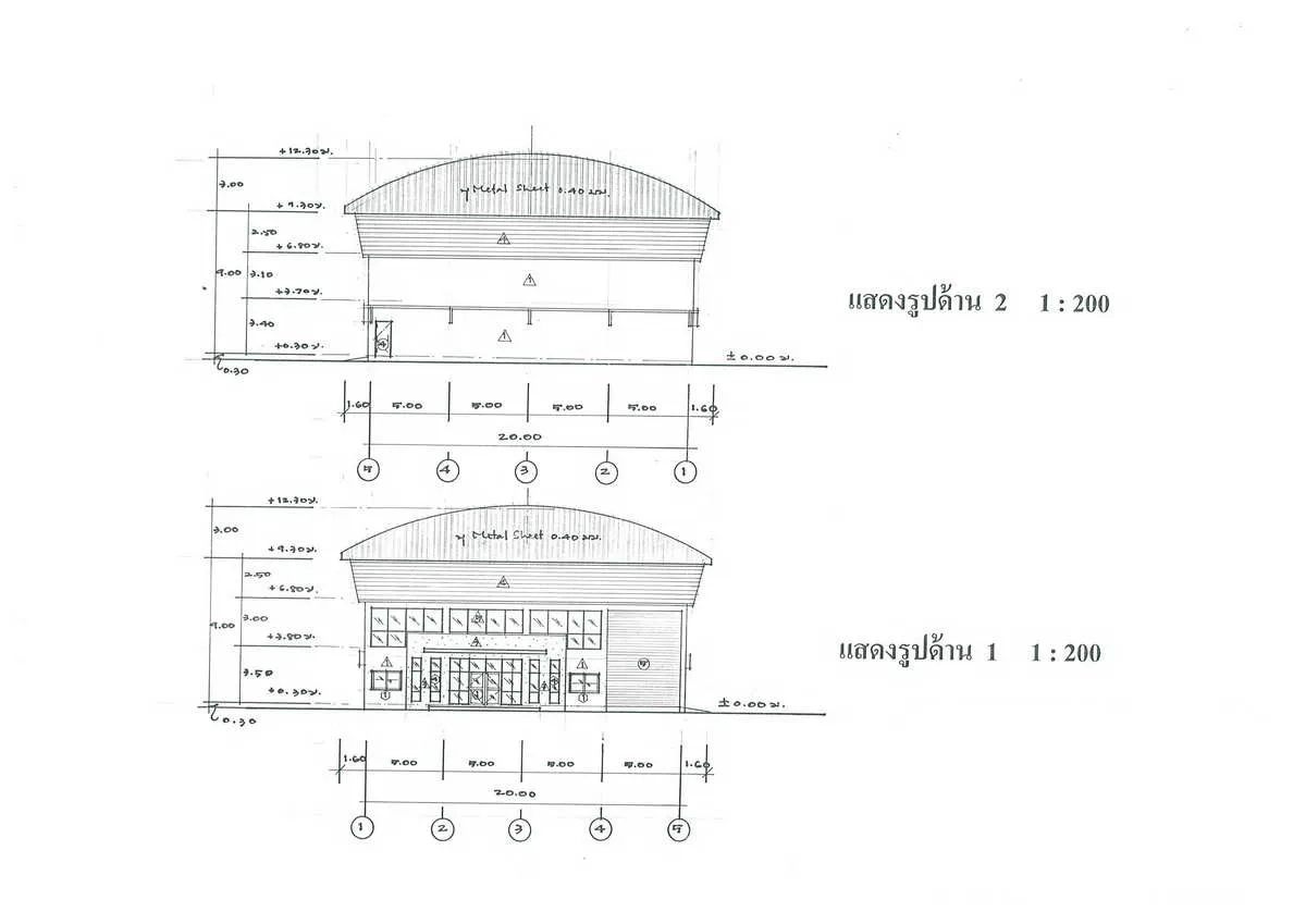 Factory for rent in Samut Prakan - Architectural front and rear elevation drawings of the factory building.