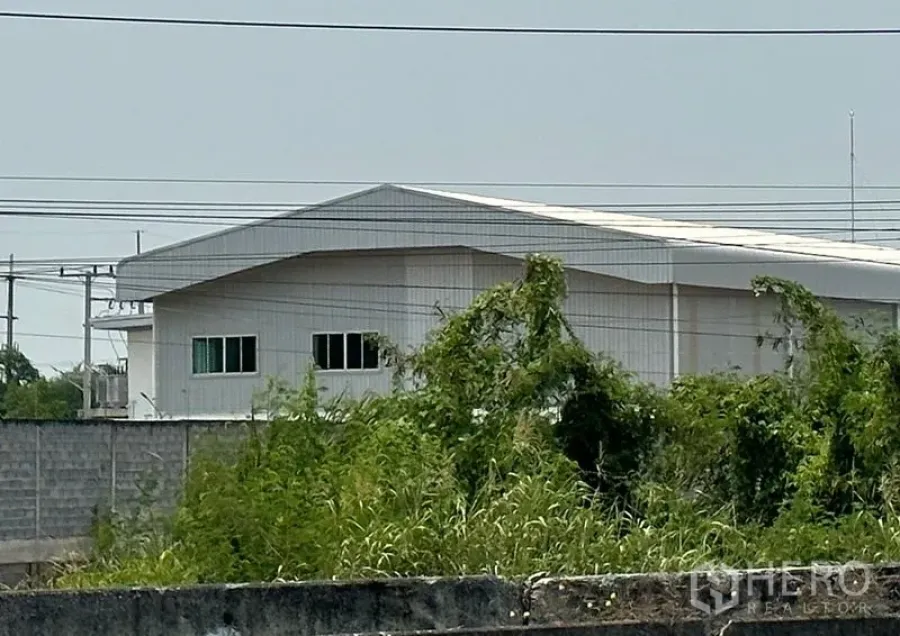 โรงงาน ขายในLat Lum Kaeo, Pathum Thani - มุมมองด้านข้างของโกดังโครงเหล็ก เห็นสายไฟแรงสูงและพืชพรรณ เขตอุตสาหกรรมปทุมธานี