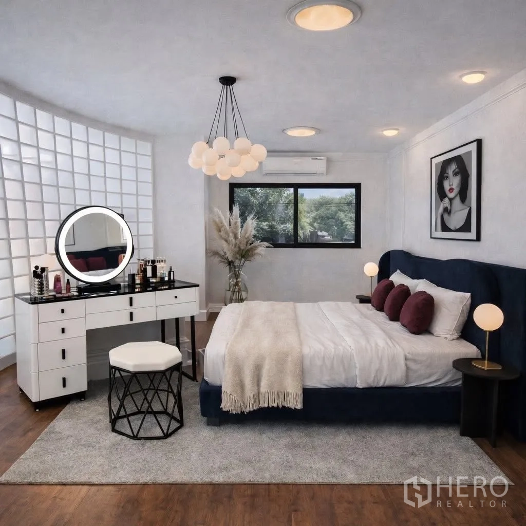 Detached House for rent in Suan Luang, Bangkok - Bedroom with makeup vanity, curved glass-block wall and a modern chandelier.