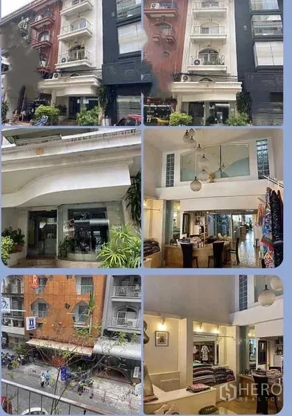 Shophouse for rent or sale in Bangkok - Collage showing the building exterior and bright retail interiors with glass frontage and balconies.