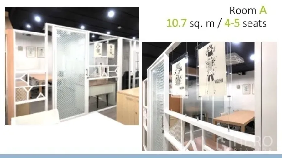 Office Space for rent in Watthana, Bangkok - Room A private office with white mesh partitions, wood desks and bright ceiling lights.
