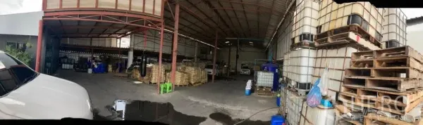 Warehouse for sale in Lam Luk Ka, Pathum Thani - Wide-span warehouse interior with high steel roof, pallets and IBC tanks, concrete floor and covered loading area in Lam Luk Ka.