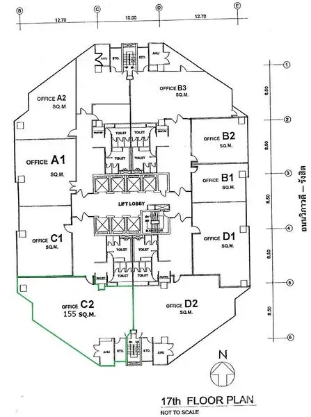 Office Space for rent in Chatuchak, Bangkok - 17th-floor plan showing office unit C2 at 155 sq.m. with lift lobby and shared restrooms.