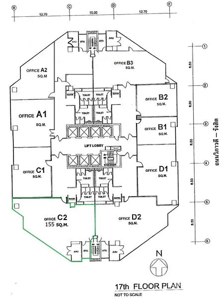 Office Space for rent in Chatuchak, Bangkok - 17th-floor plan showing office unit C2 at 155 sq.m. with lift lobby and shared restrooms.