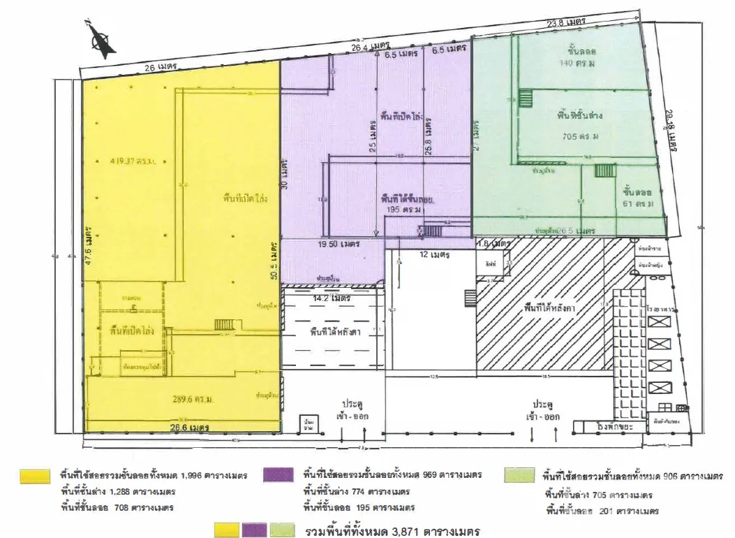 Factory for rent in Yan Nawa, Bangkok - Color-coded floor plan illustrating building layout and divisible zones.
